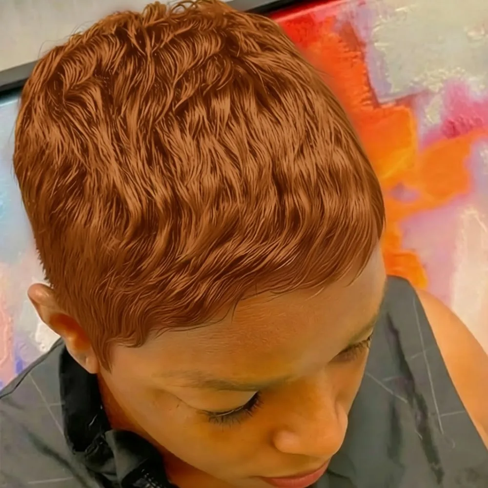 

Короткий прямой многослойный парик из 100% натуральных волос редмей, машинной работы, 4 дюйма, 150% плотность, коричневый с бордовым оттенком, стрижка пикси.