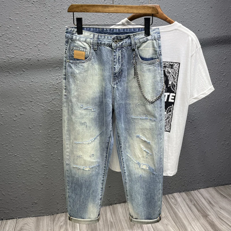 

Spring and Summer New Non-Elastic Ripped Denim (Ankle-Length Pants) Nostalgic Men's Pants with Ornaments Trendy Casual Fashion V