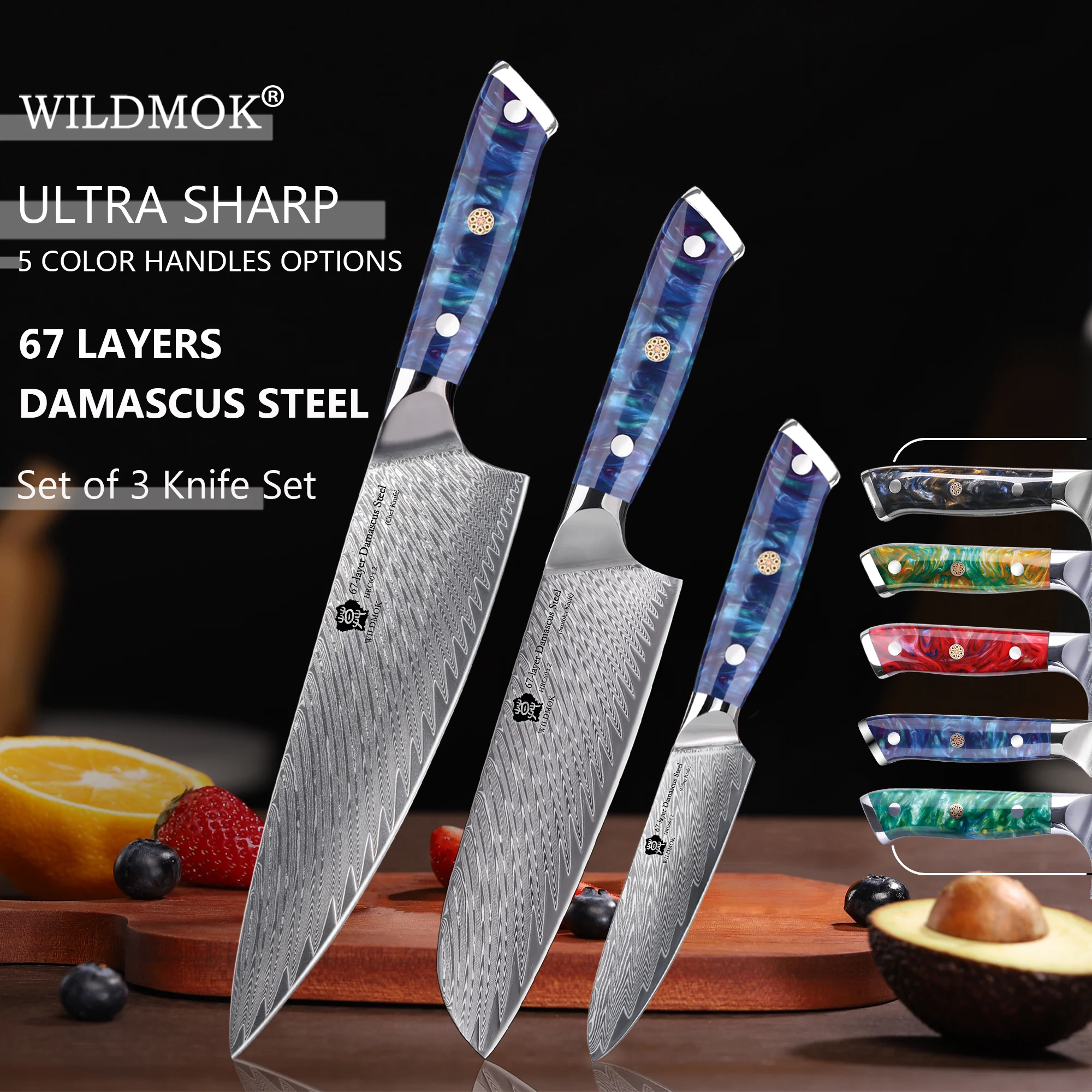 WILDMOK 3 Pcs Chef Kitchen Knife Set,Made of Japanese Damascus VG10 Steel with  Ergonomic Resin Handle