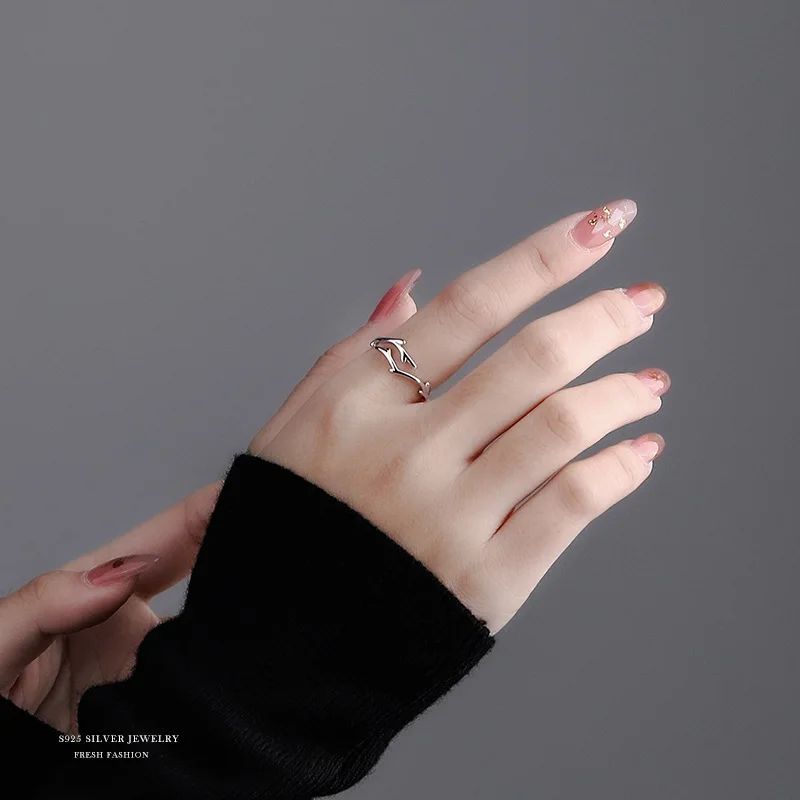 S925 Sterling Silver Adjustable Open Ring Featuring Delicate Tree-Inspired Geometric Silhouette Set With Micro-Pavé Diamonds For
