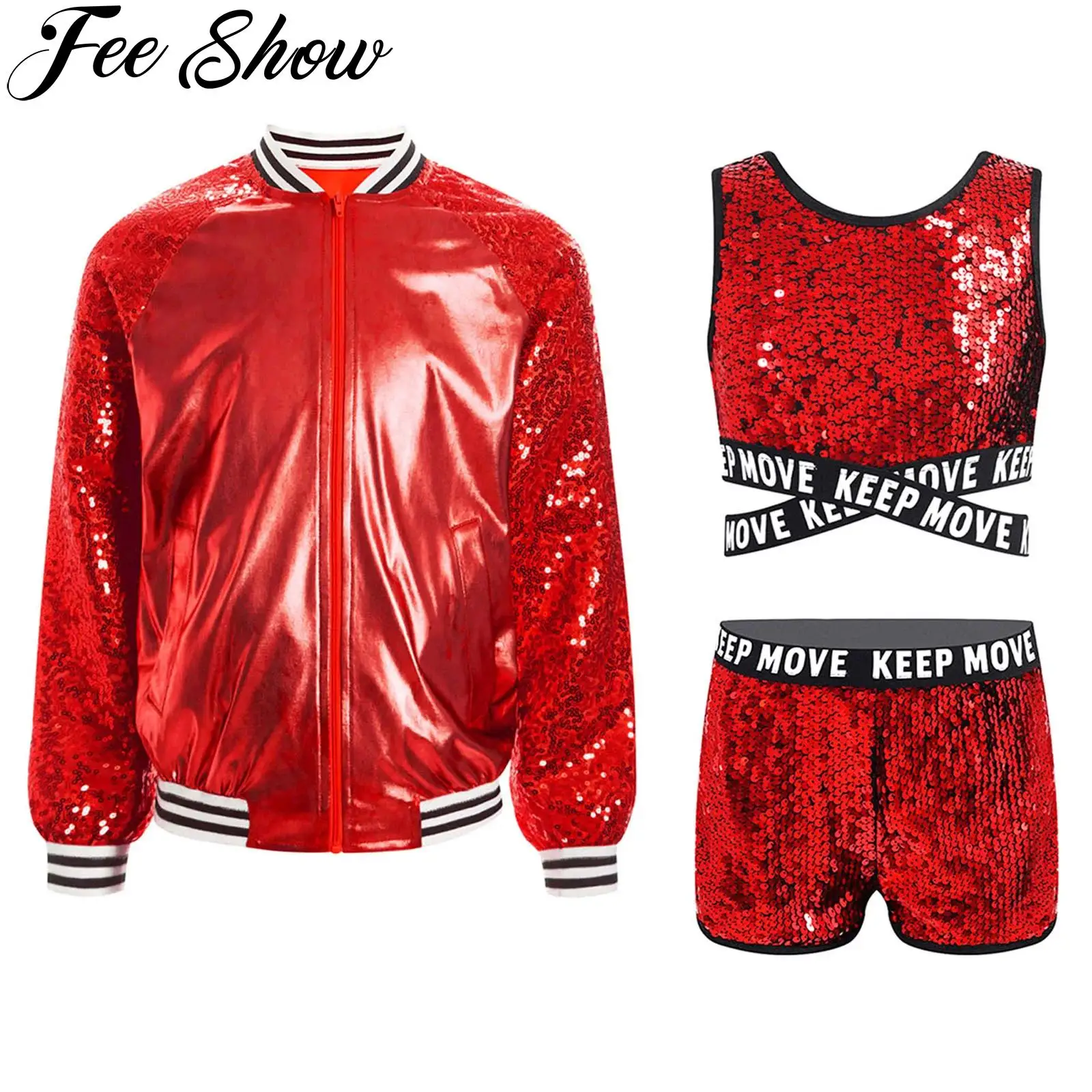 Dziecięce dziewczęce błyszczące metaliczne stroje do tańca jazzowego Hip Hop Kurtka z cekinami z długim rękawem i kamizelką Top Szorty Party Stage Dancewear