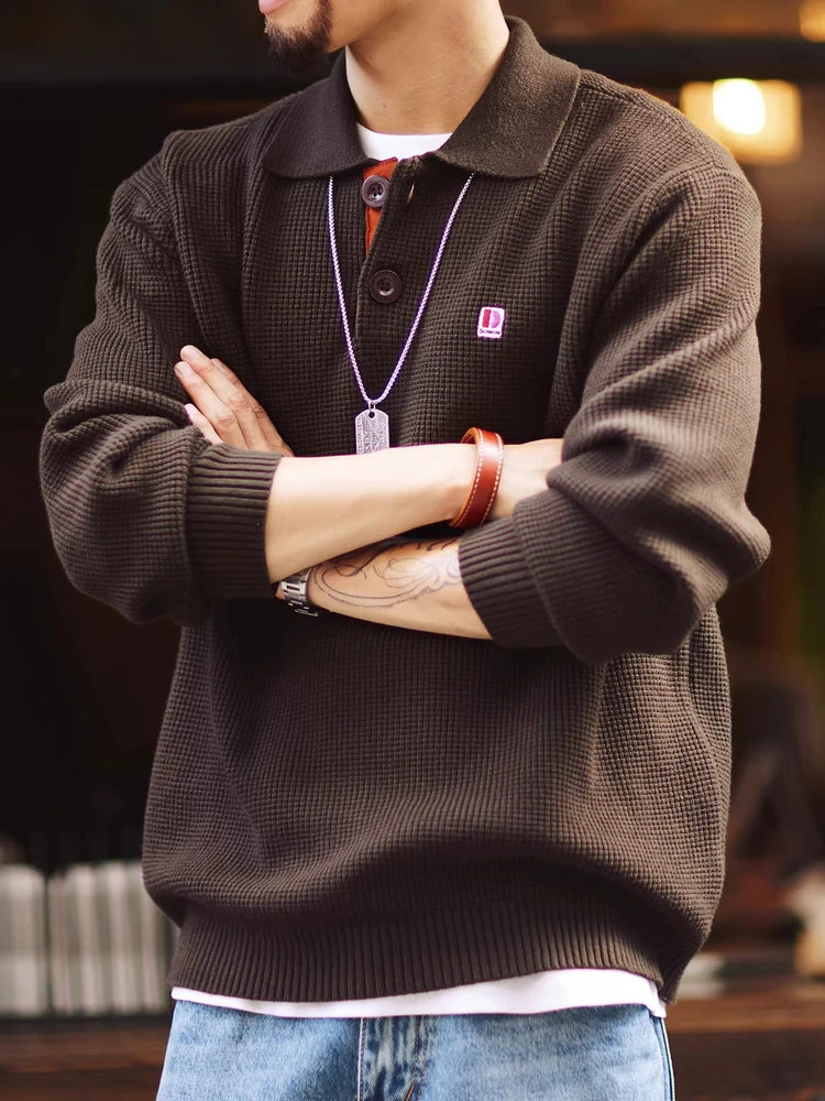 

Large Size Collar Color Blo American Sle Sweater Coat Men's Autumn Winter Loose Commute Casual Knitted Wear for Youth