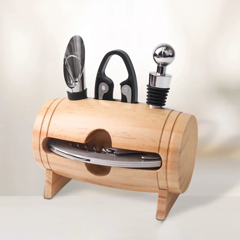 

Red Wine Bottle Opener Set Four Piece Bar Wooden Wine Barrel Shaped Ornament Gift Set Manual Bottle Opener