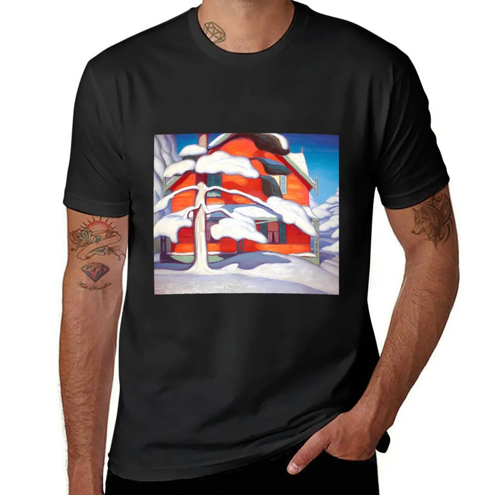 Pine Tree and Red House, Winter City by Lawren Harris T-shirt aesthetic clothes t shirts for men graphic