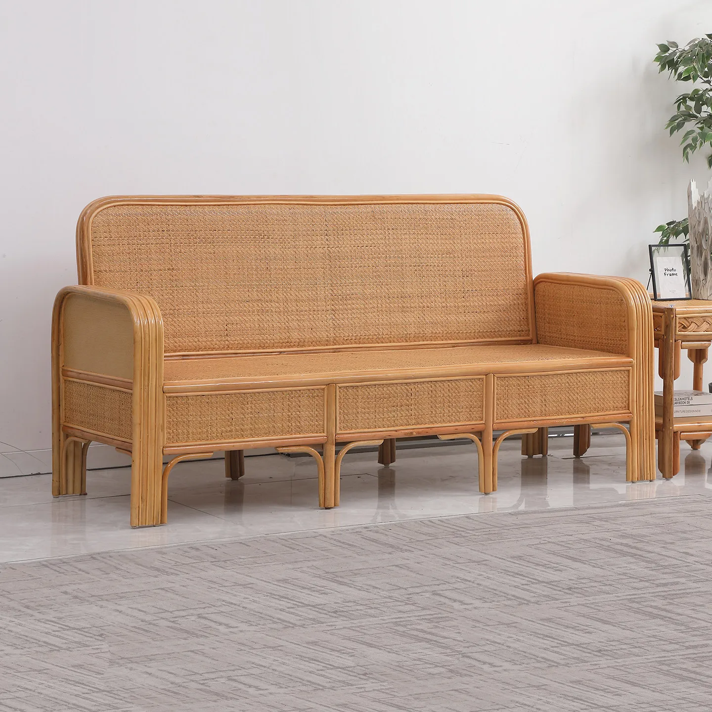 LMM natural real rattan sofa Arhat bed rattan three-person living room office lunch break Chinese rattan chair