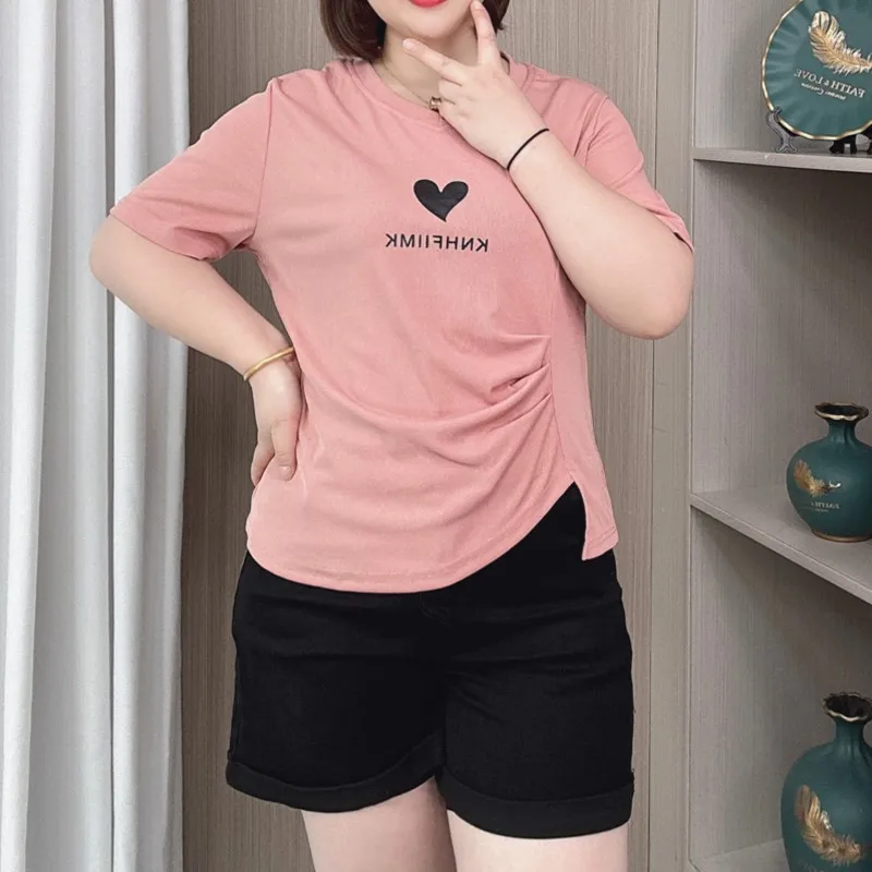 Sommer unregelmäßige Falte Kurzarm T-Shirt Frauen neue Plus Size Mode Liebe drucken lässige Tops