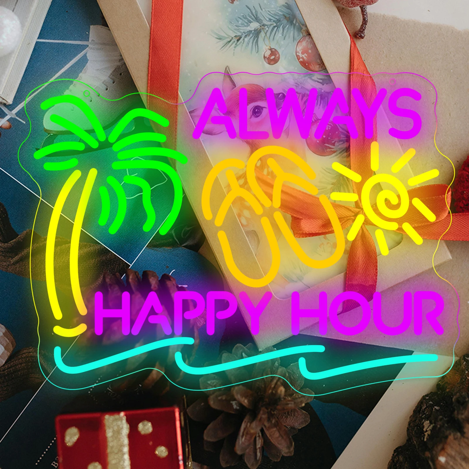 Always Happy Hour Neon Sign For Summer Wall Decor Led Neon Light For Bedroom Office Pub Cafe Party Man Cave Beach Art Decor