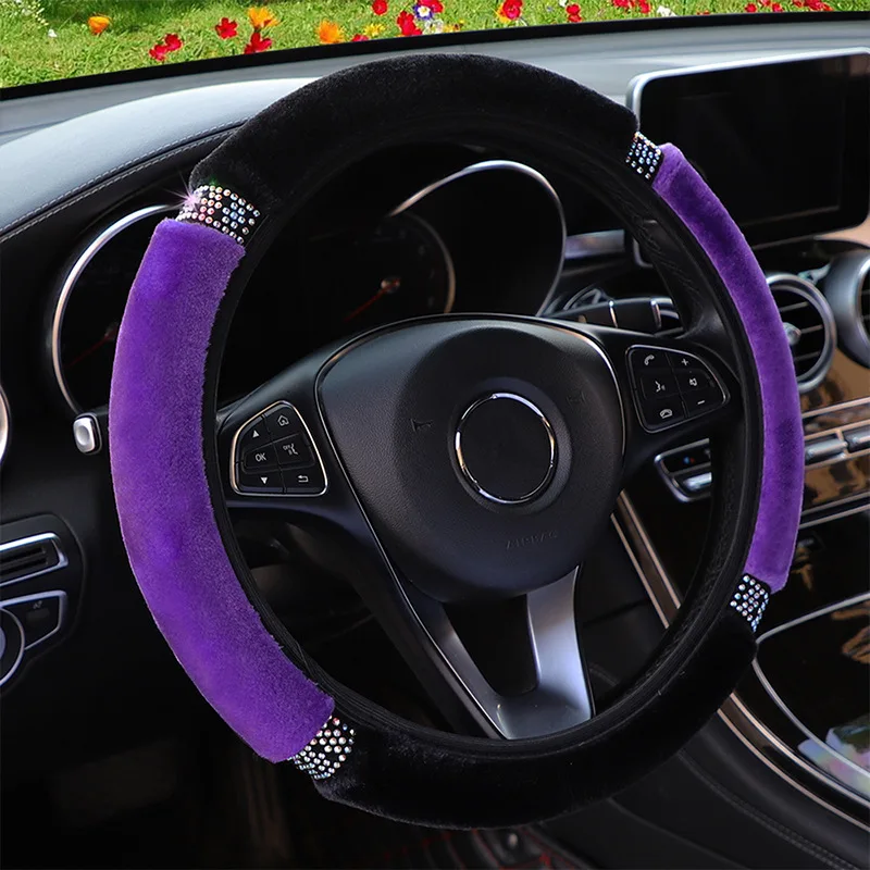 Universal 37-38 cm Durchmesser Weiche Plüsch Strass Auto Lenkrad Abdeckung Innen Zubehör Schwarz Rosa Auto Lenkung Abdeckung – Detail 18