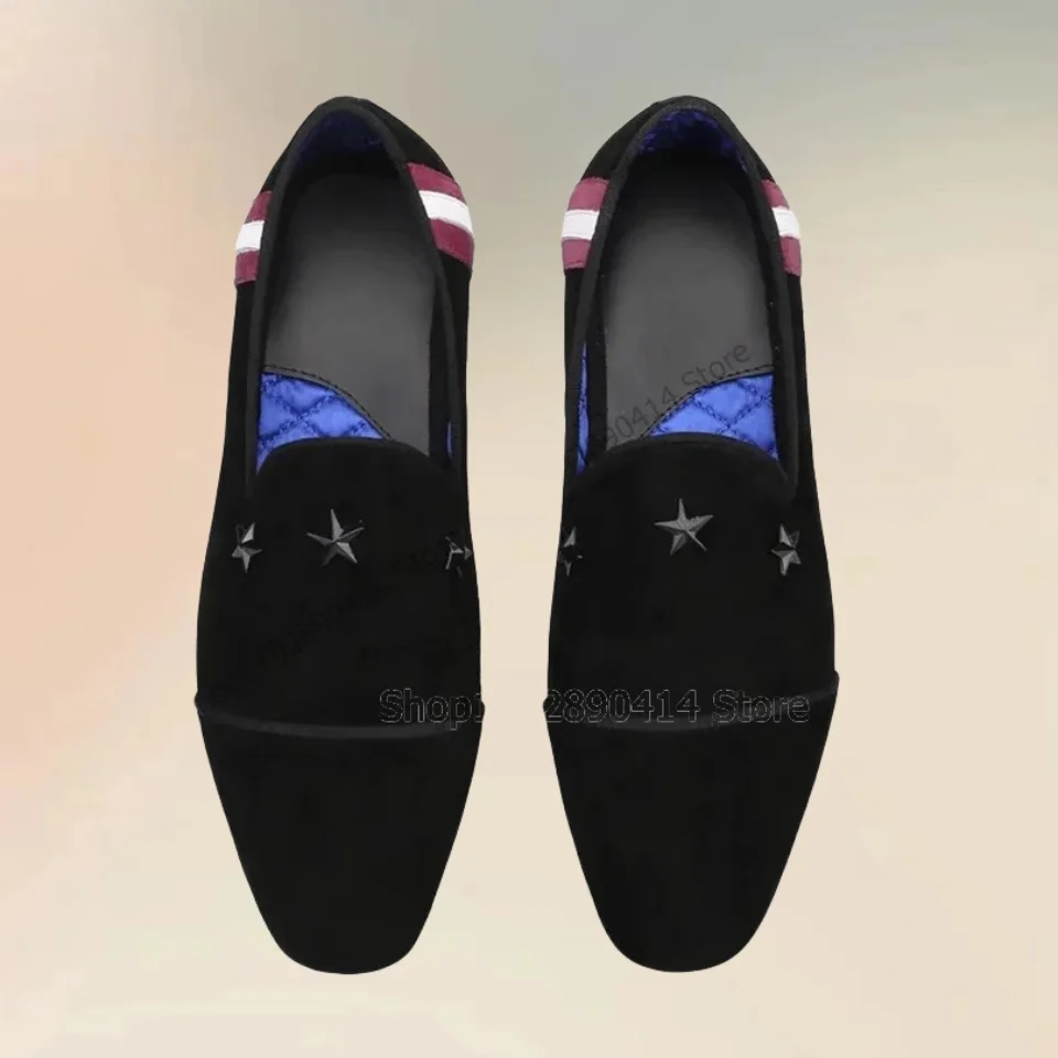 

Black Star Fretwork Decor Striped Flock Loafers Fashion Slip On Men Shoes Luxury Handmade Party Feast Banquet Men Casual Shoes