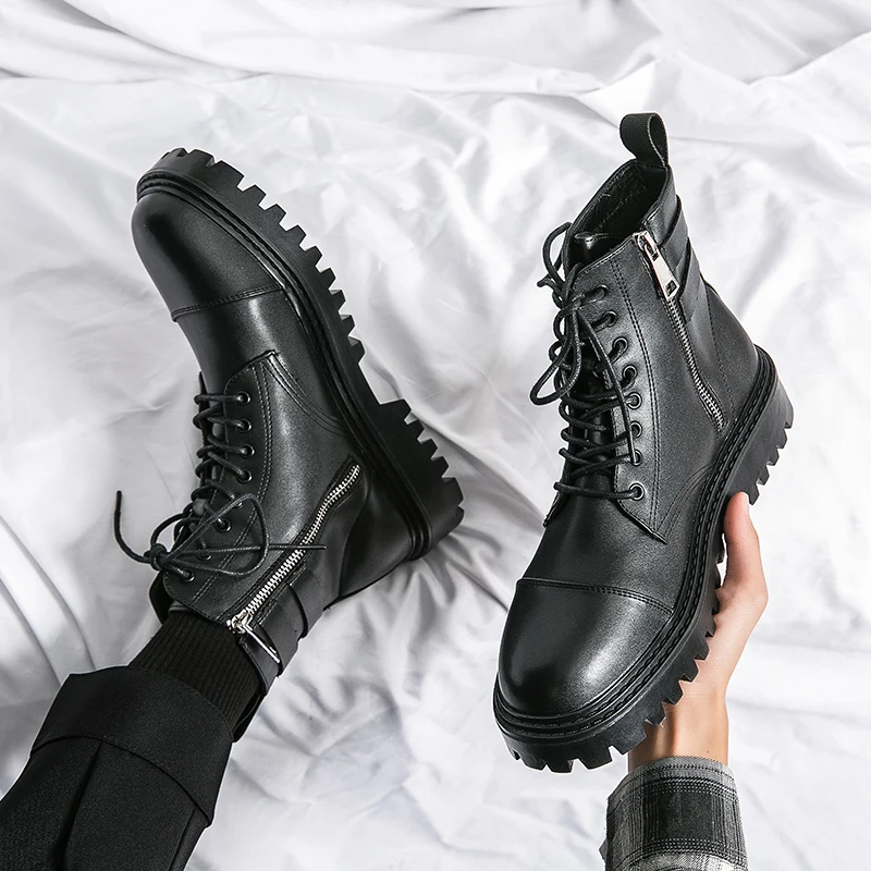 Fashionable Autumn Men Lace Up Comfortable Short Boots High Quality New Korean Version High Top Side Zipper Casual Leather Shoes