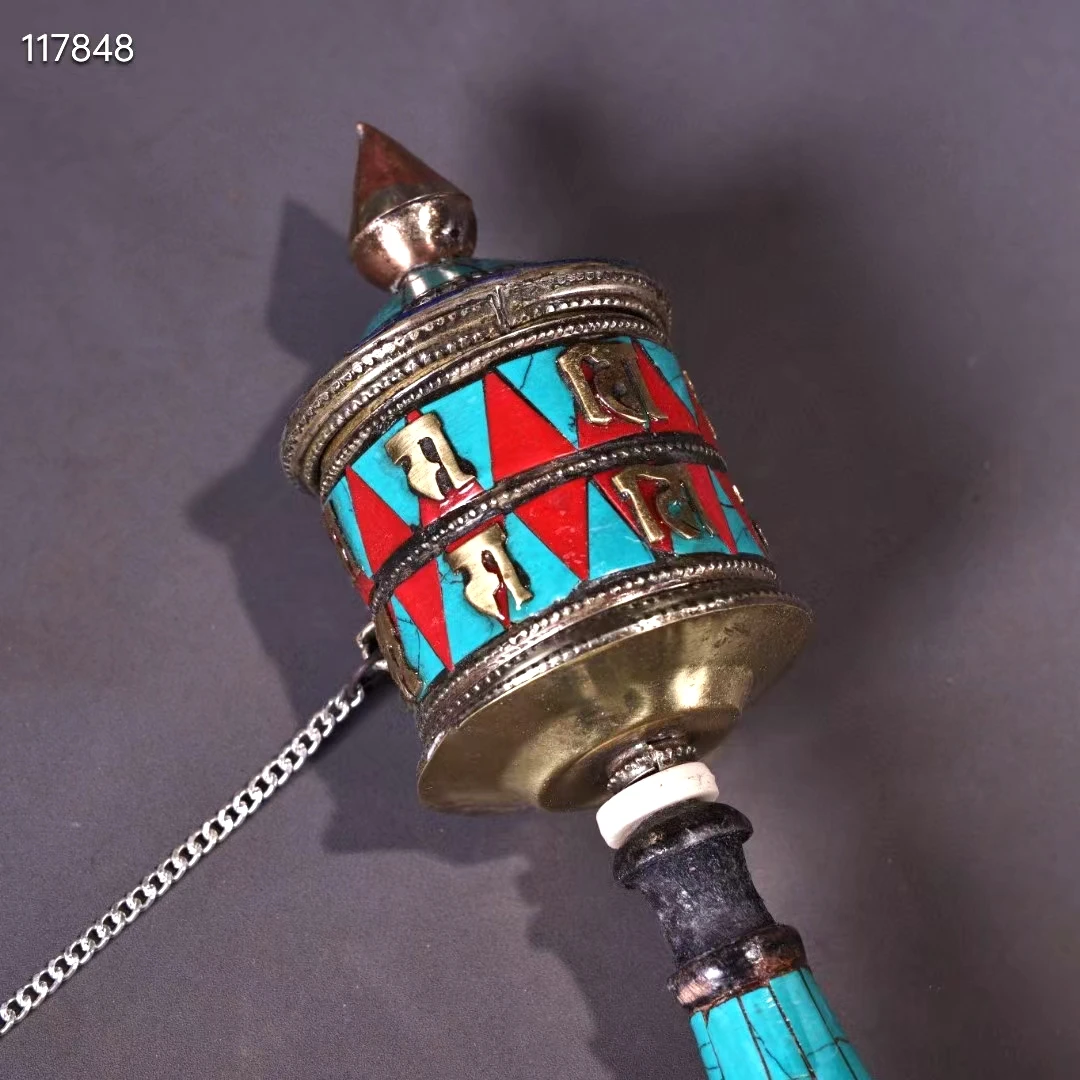 Fine Tibetan Worship Prayer Wheel Meditation Mascot Magic Instrument Lucky Bless Inlay Gemstone