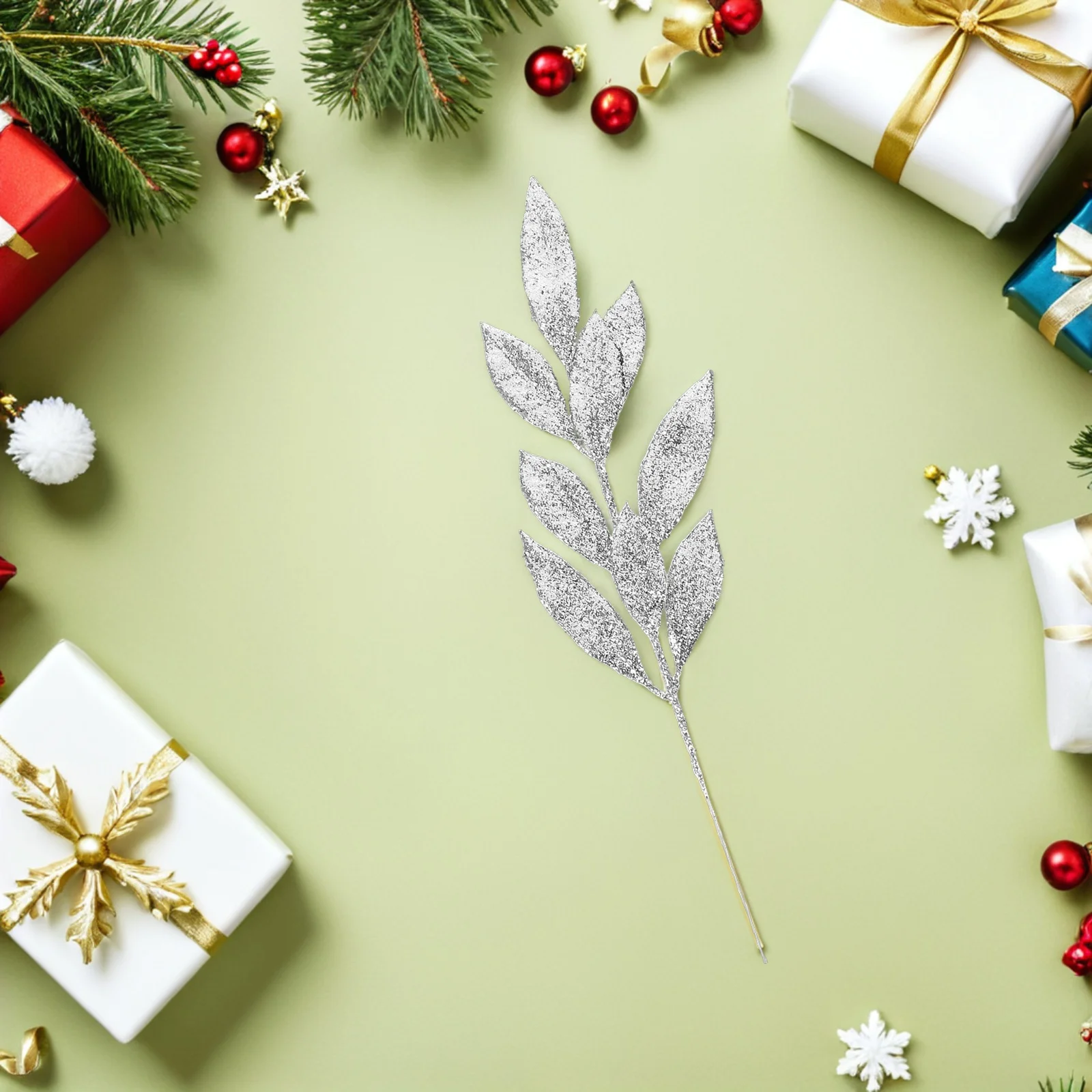 

12pcs Christmas Glitter Leaves Picks Silver Artificial Faux Branches For Holiday Tree Decor Wreath Diy Crafts Fall Home