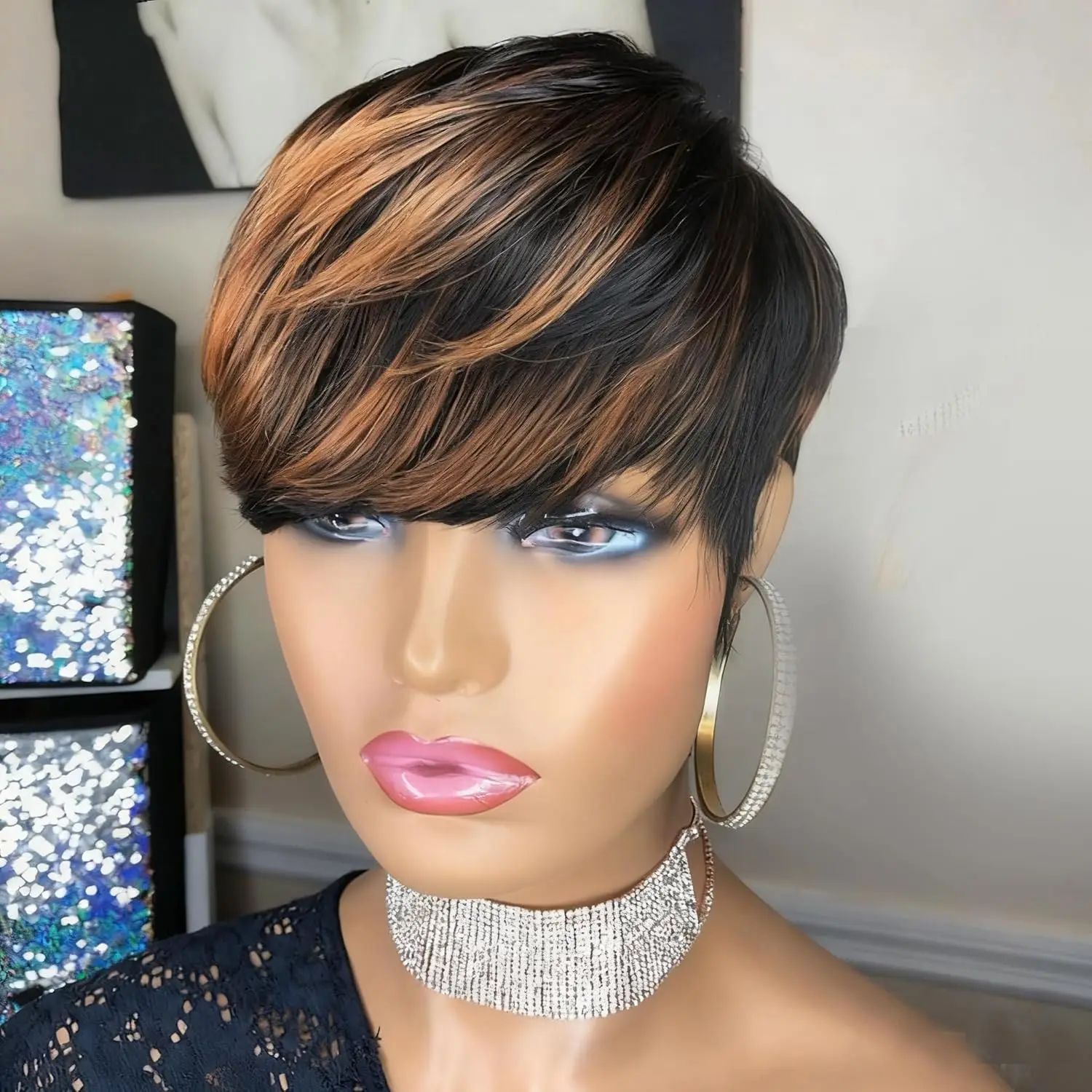 

Парик пикси-каре из натуральных волос для женщин, коричневый с мелированием, короткий прямой парик из натуральных волос, парик пикси-каре с челкой, многослойный, из необработанных волос