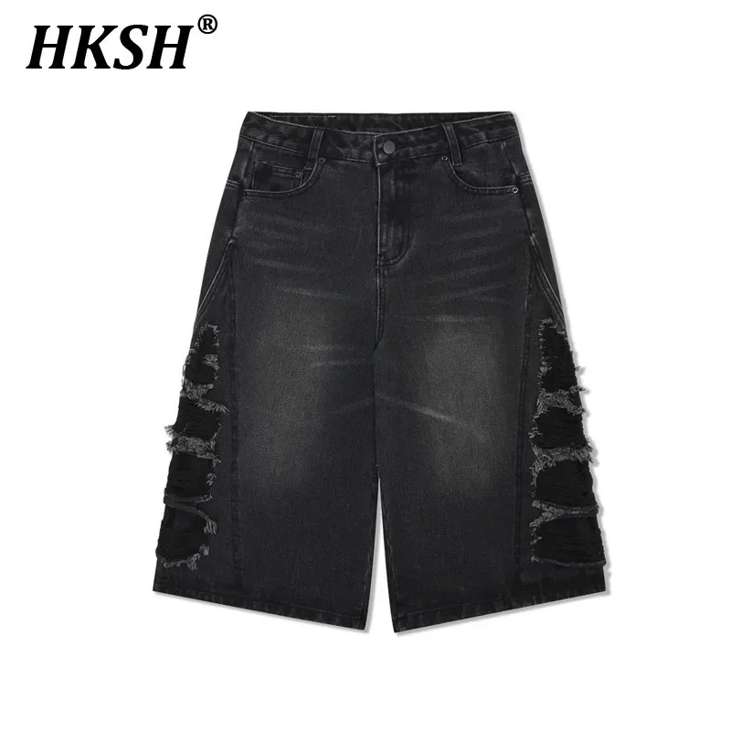 

HKSH Summer New Men Tide High Street Trendy Washed Distressed Denim Shorts Cut Design Loose Chic Casual Half Lengh Pants HK6248
