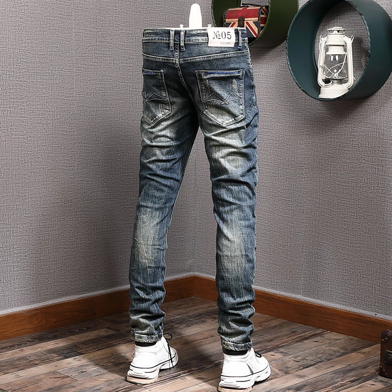 Fashion Trends Designer Men Jeans Retro Blue Elastic Stretch Slim Ripped Jeans Men Straight Trousers Vintage Denim Pants Hombre