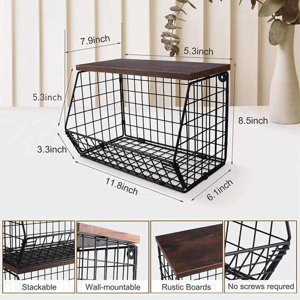 Pack of 2 Multifunctional Kitchen Iron Fruit Basket Stackable Vegetable Storage Basket Home Wall-Mounted Snack Storage Rack