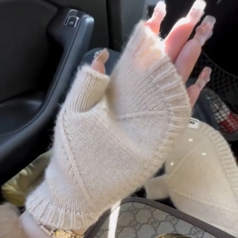 الكشمير أصابع قفازات النساء الشتاء الدافئة قذيفة محبوك قفازات أنيقة موضة تدفئة المعصم لمسة ناعمة نصف اصبع الفاخرة #6