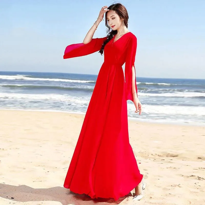 2024New Summer Chiffon Women\'s Long Dress Fashion V-Neck Split Long Sleeves Solid Bohemian Beach Dress Lady Party Dresses Female