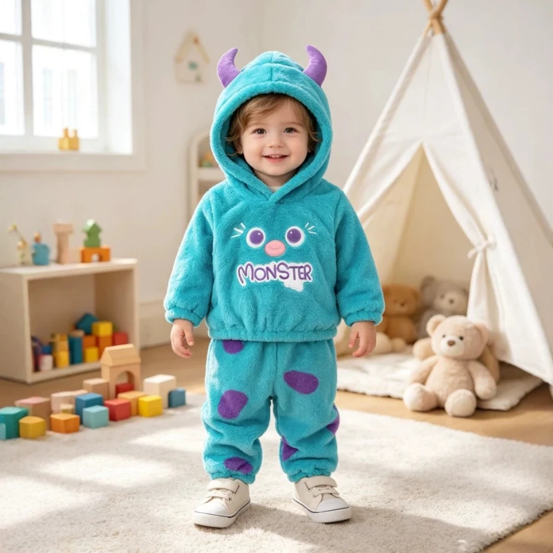 Newborn Infant Baby Boys Girls Monster sets Outfit Set Fleece Hooded Sweatshirt And Pants 2 Piece Warm Winter Clothes 0 24M