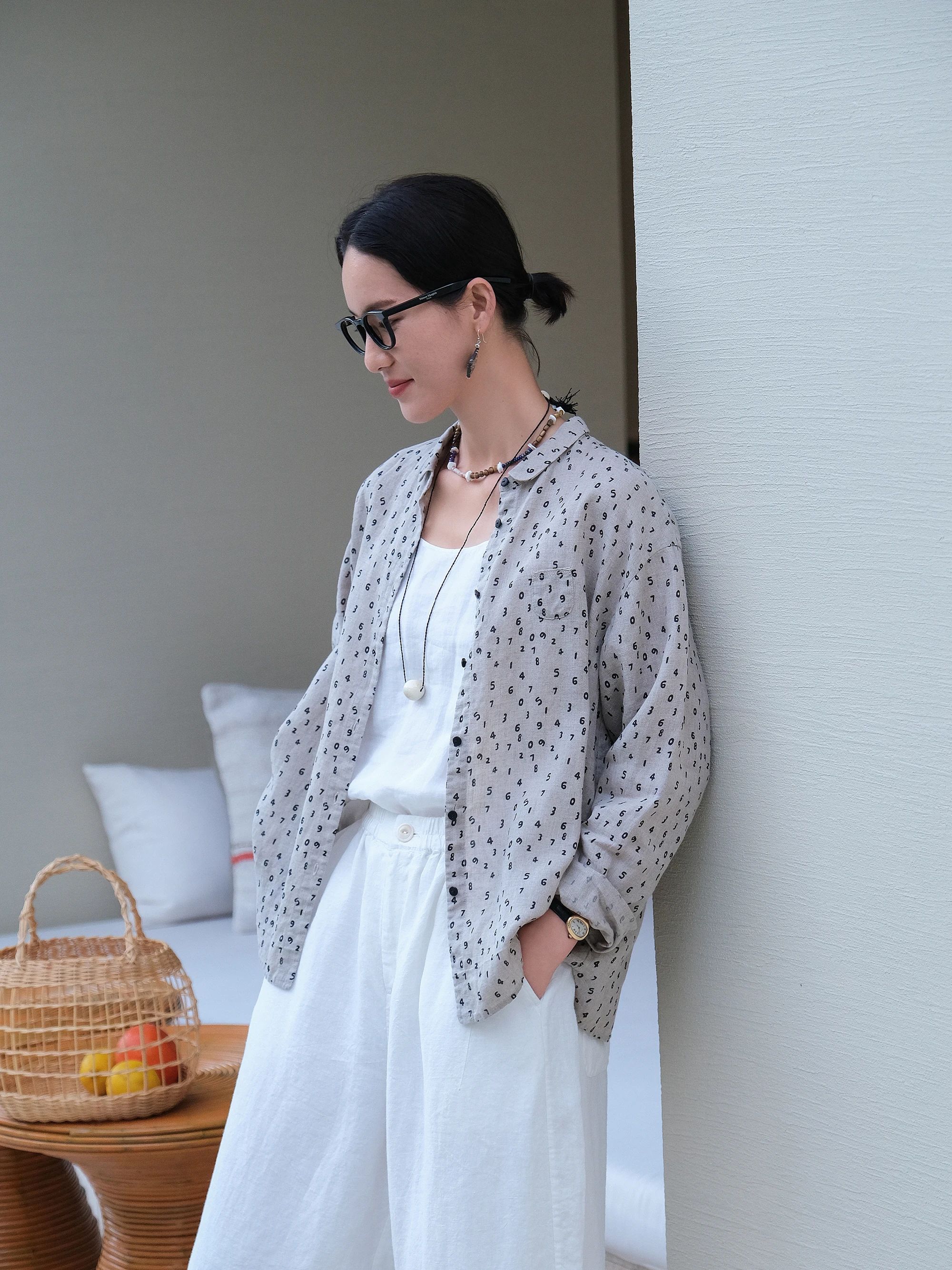 

Льняная рубашка-кардиган Mallin Raindrop с длинными рукавами, маленьким воротником, текстурным принтом, повседневная, свободного кроя, женская, весенняя модная блузка