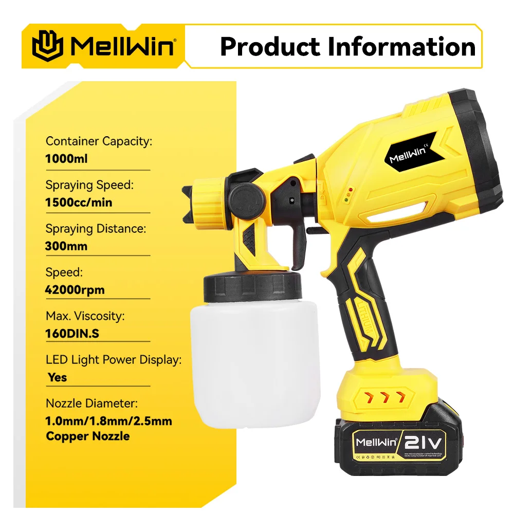 MELLWIN 1000ML Cordless Elektrische Farbspritzpistole High Power Farbspritzgerät Auto Möbel Stahl Sprayer Für Makita 18V Batterie pin – Detail 6