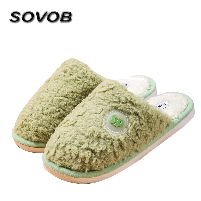 

New Arrivals Green Living Room Slippers Women Big Size 36-47 Warmed Plush Slippers Couples Comfortable Flat Slippers For Women