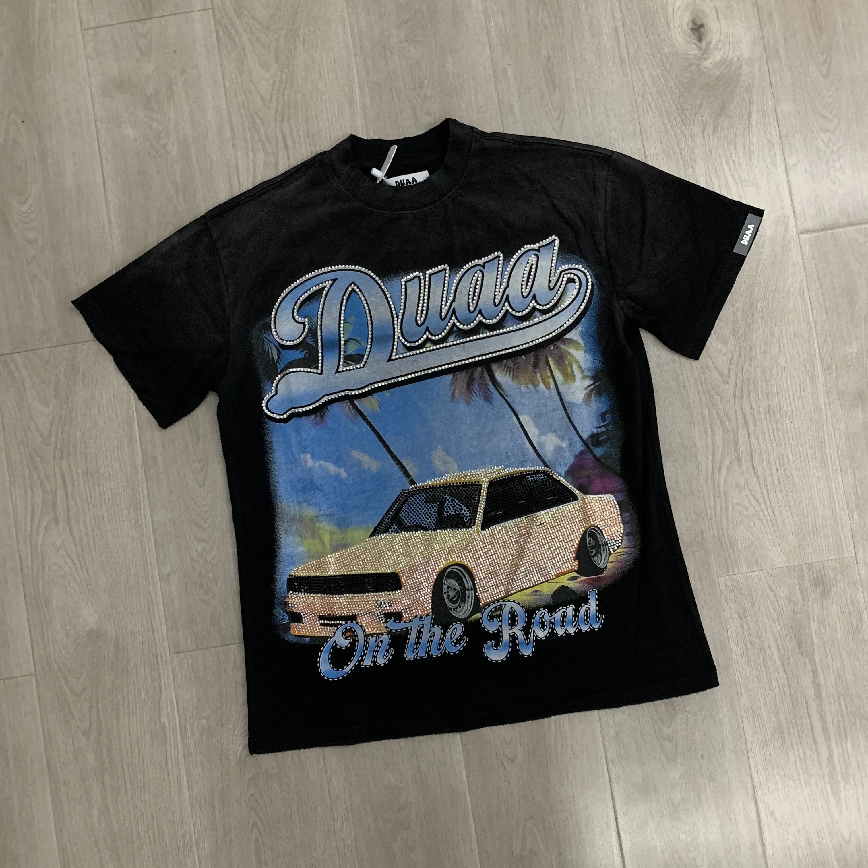DUAA Destination Crystal Graphic T-shirt With Holes And Rhinestones Short Sleeved T-shirt Men Women T Shirt Tee Tops