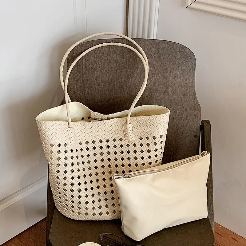 Rattan-Geflochtene Hohle Schultertasche mit Passender Geldbörse, Sommer-Shopper für Markt, Strand und Pendeln, Leichte Handtasche mit Offener Webung – Detail 6