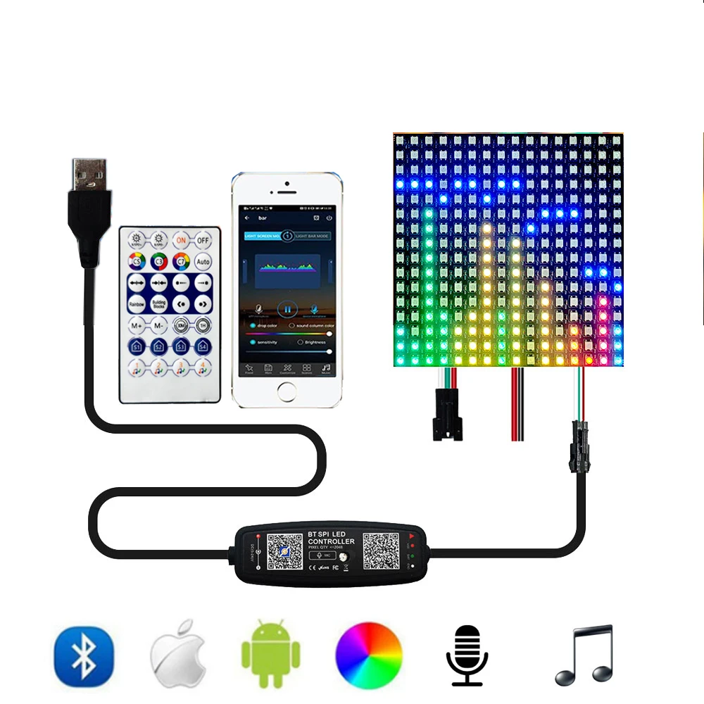 WS2812B LED Strip Panel Screen Matrix Bluetooth Music With Mic Controller WS2812 Individually Addressable LED Pixels Module