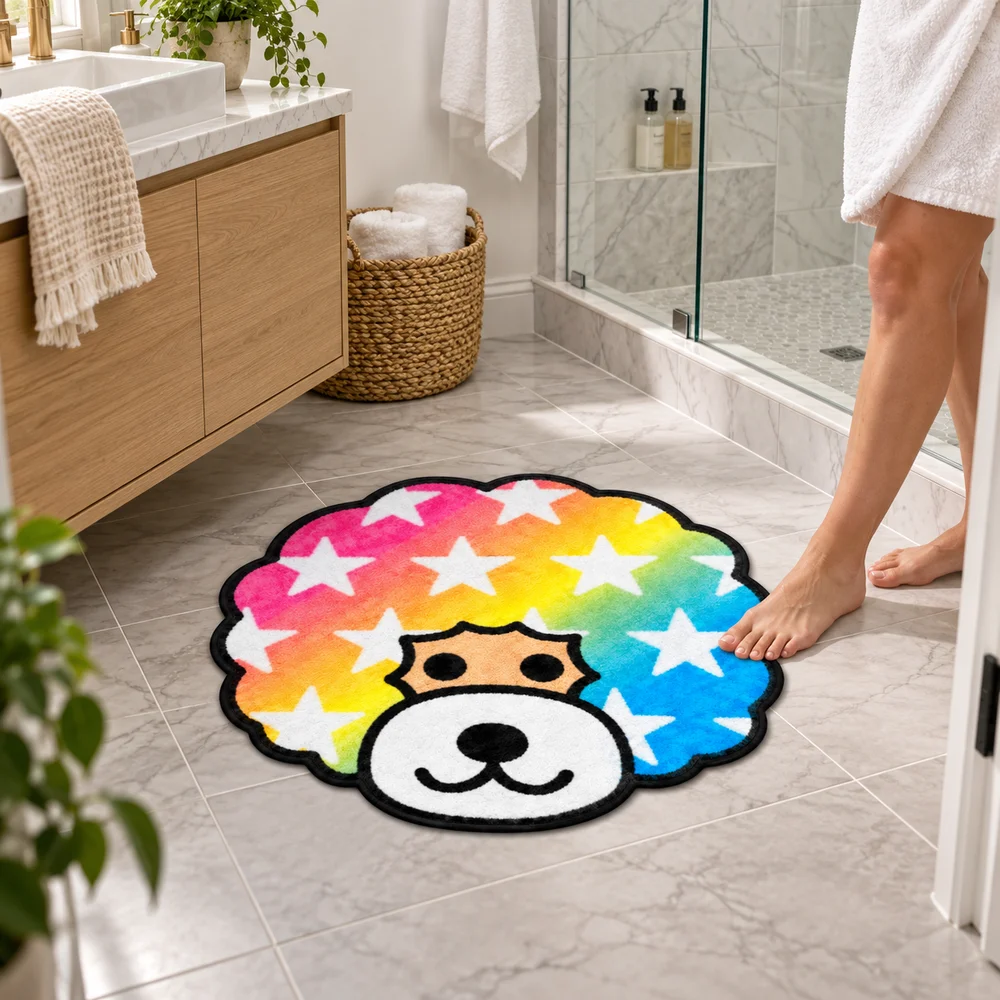 Rainbow Star Dog Face Shaped Flannel Rug, Creative Irregular Floor Mat for Bedroom Living Room Entryway Decor, Unique Gift