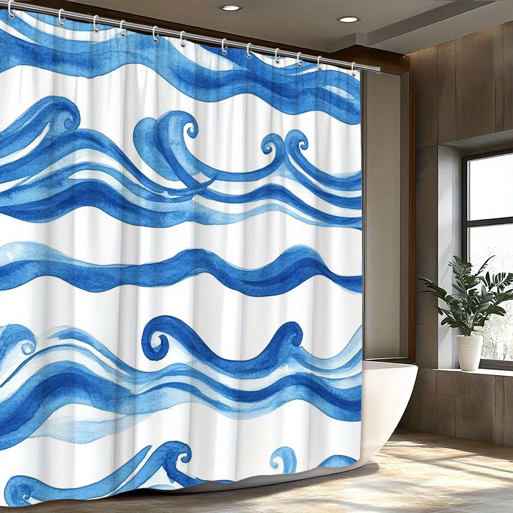 

1 шт., занавеска для душа Serene Blue Waves, 70x70 дюймов, машинная стирка, полиэфирная ткань, всесезонная мода, без подкладки, с