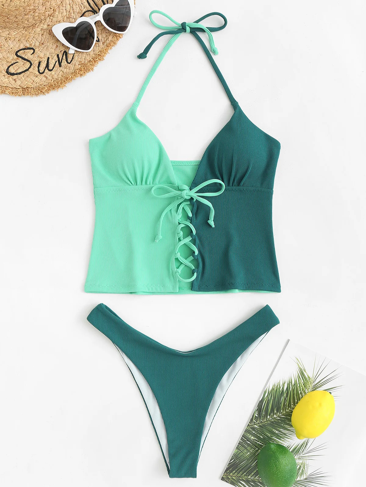 

ZAFUL двухцветный бразильский комплект танкини с высоким вырезом на шнуровке, женский двухсекционный купальник