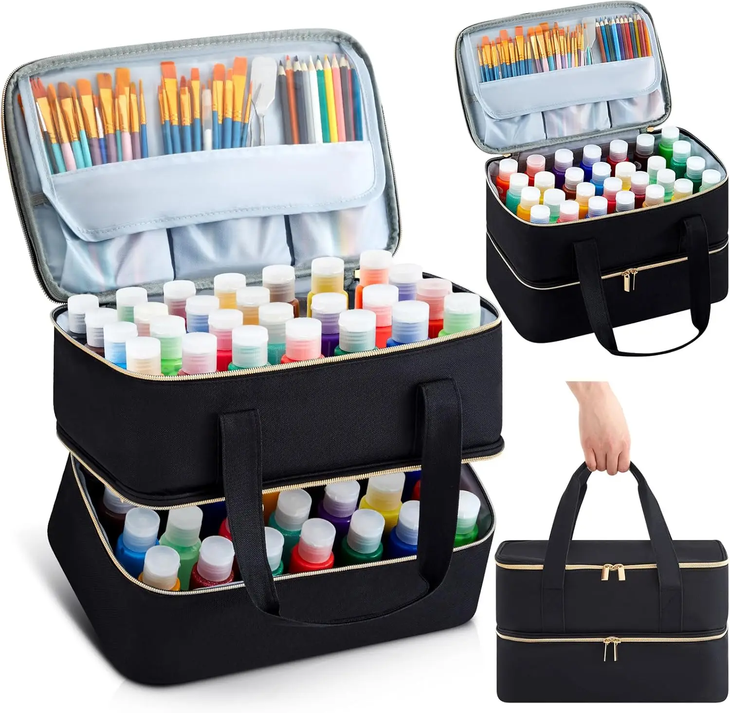 

Acrylic Paint Organizer Case for 56 Bottles, Double Layer Art Supply Storage Bag with Foam Insert, Black