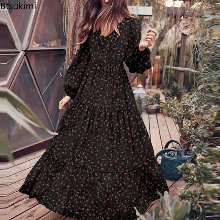 2025 Stylish Casual Maxi Dress for Women Floral Printed Mini Dress Evening Party Dresses V-neck Lantern Sleeve A-line Long Skirt image 3