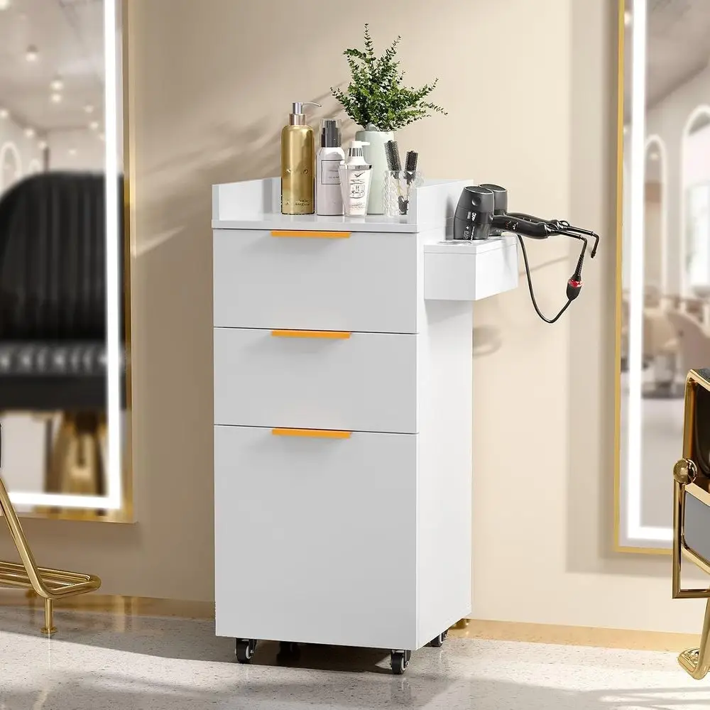3-Tier Rolling Hair Styling Station with Wheels, Adjustable Shelves, and Hair Dryer Holder for Barber, Spa, Nail & Beauty Profes