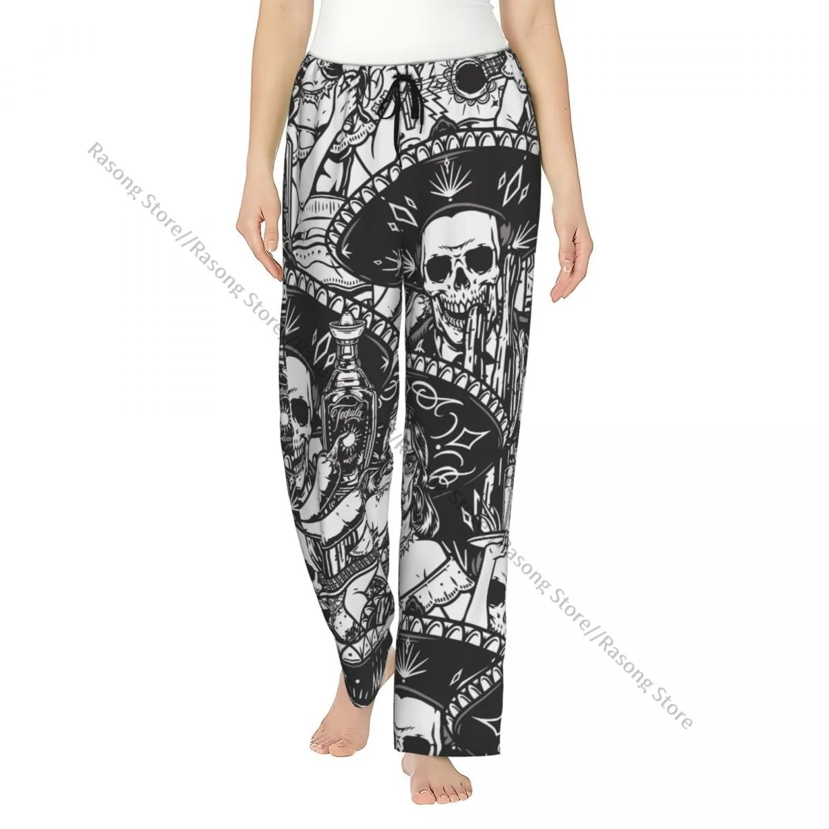 Women Flannel Lounge Pants Soft Mexican Skeleton Musician In Sombrero Pajama Pants Winter Sleepwear
