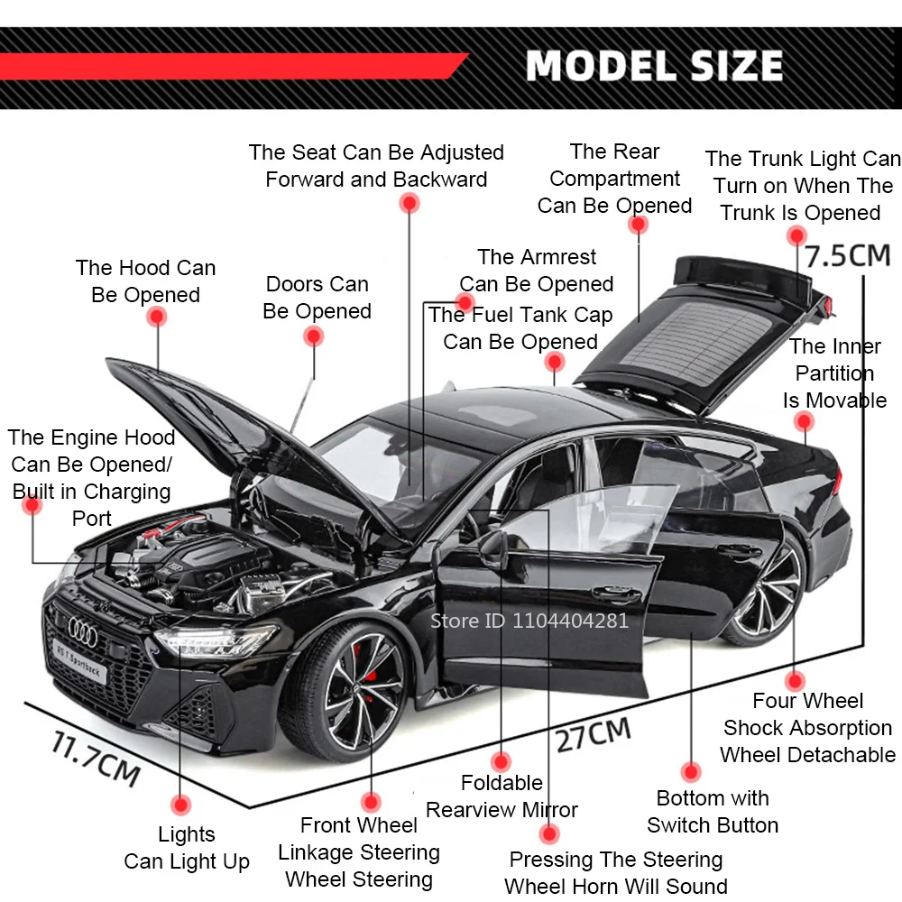 1:18 RS7 Honda Civic TYPE R Alloy Diecast Toy Model Car Four Wheel Suspension Sound Light Pull Back Vehice Friend Christmas Gift