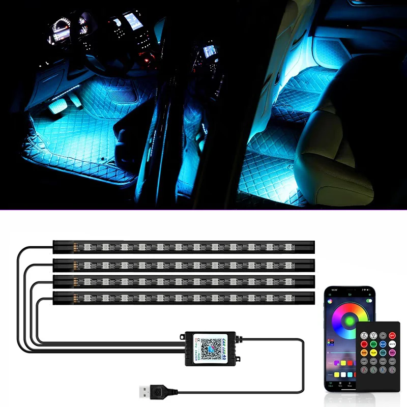 48 LED Car Interior Ambient Foot Light with USB Wireless Remote Music App Control Auto RGB Atmosphere Decorative Lamps