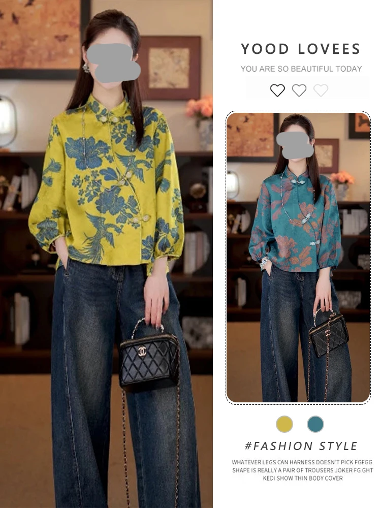 

Новая женская рубашка в китайском стиле с принтом, длинным рукавом, воротником-стойкой и пуговицами, весна-осень, высокое качество, омолаживающий эффект, женский топ