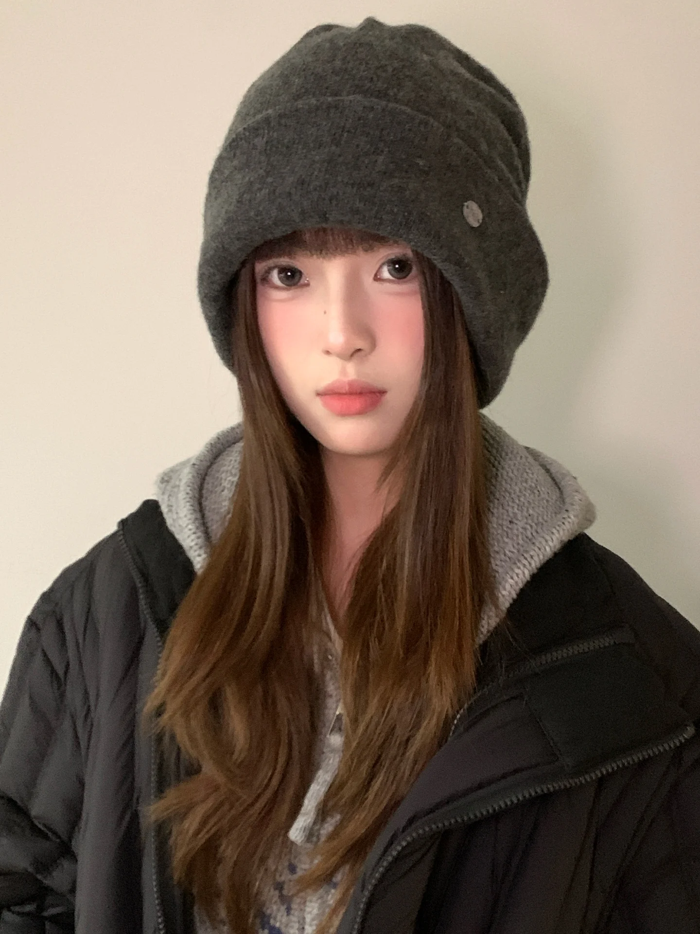 

Pure Wool Grey Knitted Pile Hat For Women Winter Woolen Hat Warm Ear Protection Cold Hat