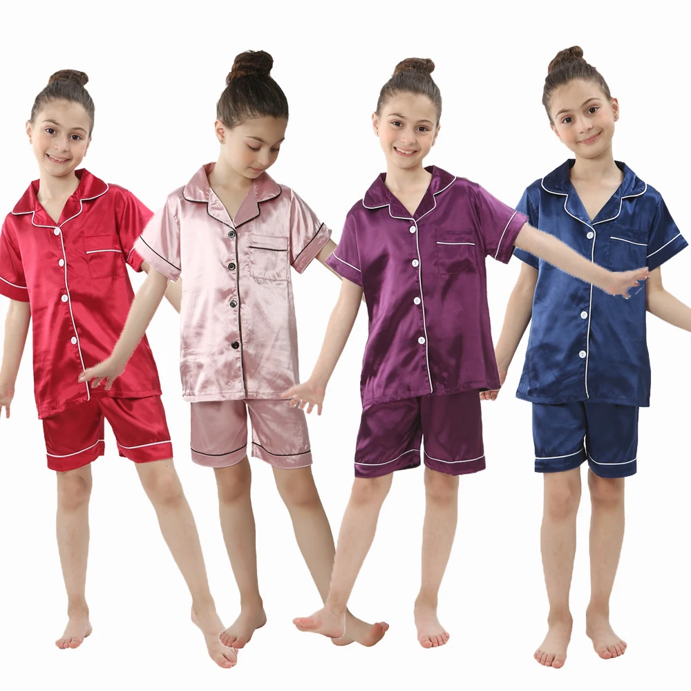 Summer Pajama Sets for Girls Silk Satin Top+Pant Short Sleeve Solid Silky Pyjamas Nightgown Children Sleepwear for Boys Clothes