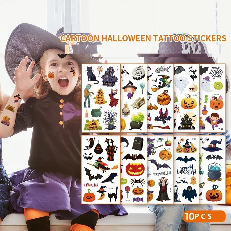 

10PCS Cartoon Halloween for Children Tatouage Temporaire Tattoo Waterproof Fake Tattoo Mini Sticker Kids Festival Glitters Face