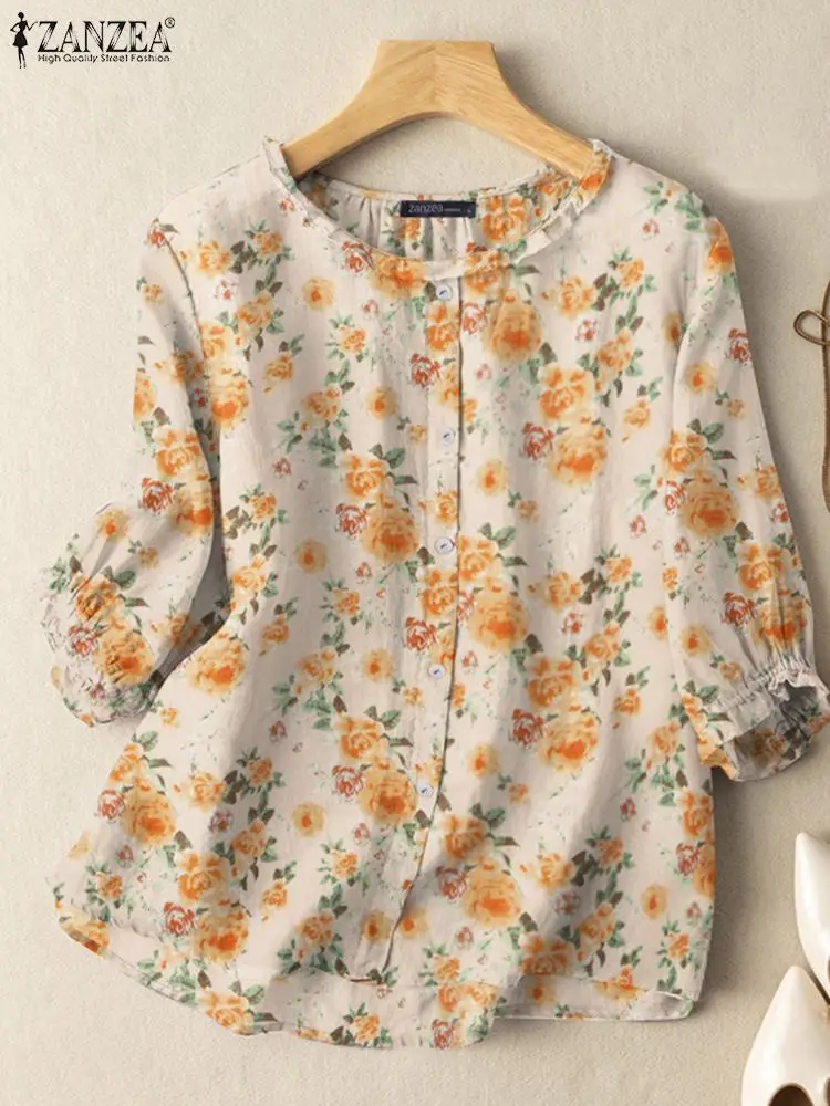 2024 ZANZEA Summer Bohemian Floral Printed Shirt Vintage Holiday Tops Tunic Casual Blouse Women O Neck 3/4 Sleeve Party Blusas