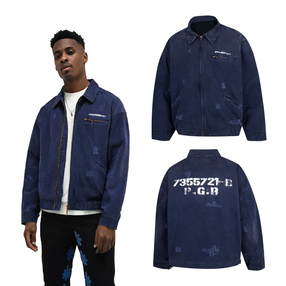 

Winter Street Wear Clothing Men's Zipper Distressed Ripped Vintage Denim Jackets Hip Hop Street Style Casual Cotton Bomber Coats