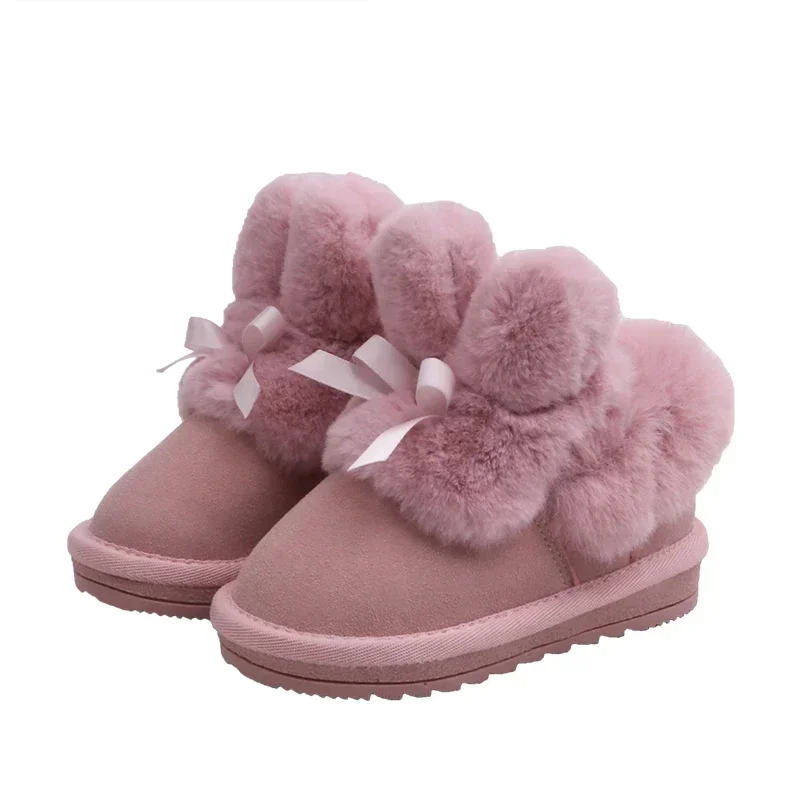 Botas de nieve de invierno para niños, botas cortas cálidas de felpa con bonito lazo, zapatos de algodón antideslizantes para niñas