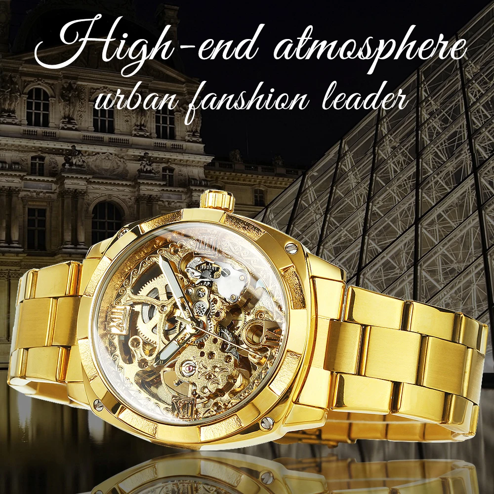 Forsining Gold Mens Watches Top Brand Luxury Skeleton Automatic Mechanical Watch for Men Stainless Steel Band Fashion Wristwatch image 4