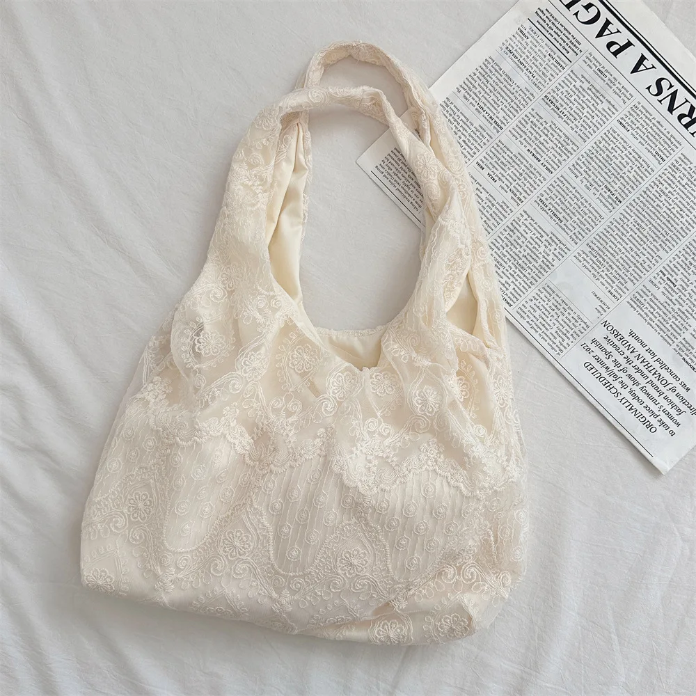 

Retro Lace Shoulder Bags for Women Lightweight Portable College Girls Vest Bag Summer Simple Ladies Underarm Handbags Soft Tote