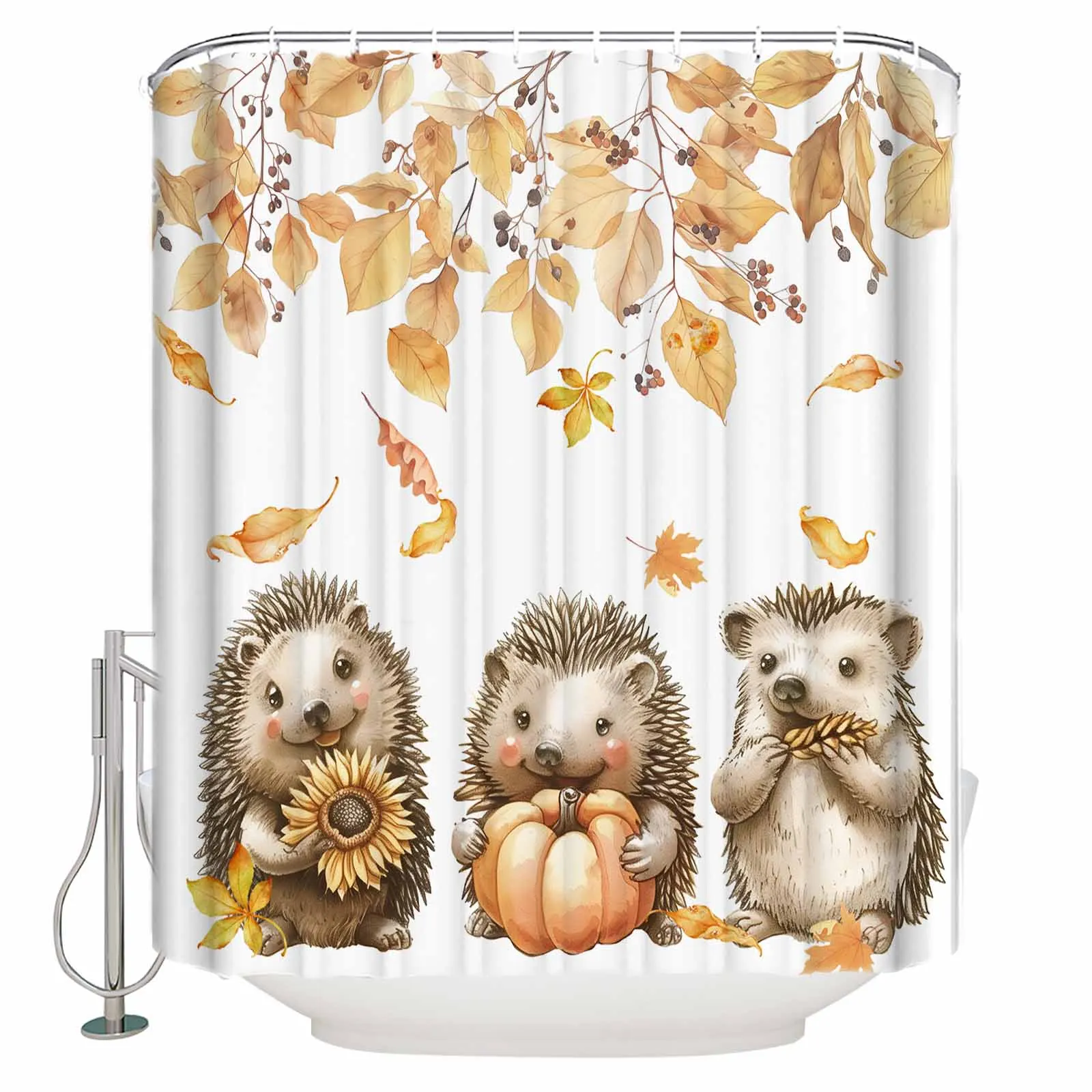 Autumn Leaves Pumpkin Mushroom Hedgehog Shower Curtains Waterproof Bath Curtains Home Decor Modern Luxury Bathroom Curtain