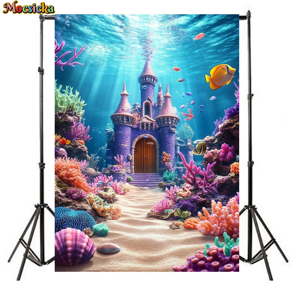 Mocsicka Mermaid Castle Photography Backdrop Purple Undersea Palace Colorful Coral Background Kid Girl Birthday Party Photoshoot