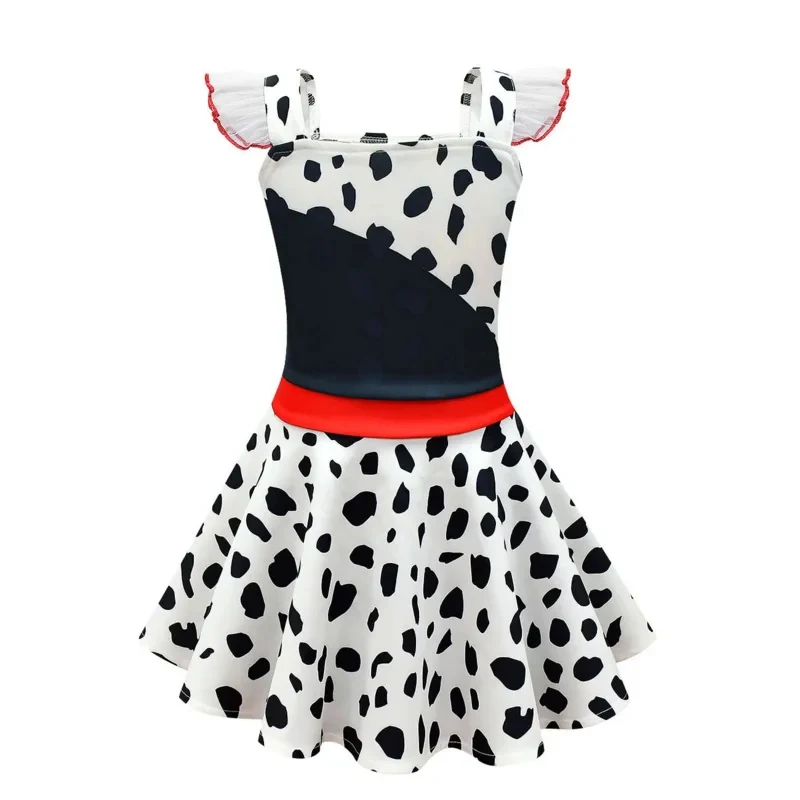Disfraz de Cruella De Vil para Niñas, Vestido de Sirvienta Blanco y Negro, Moda con Estampado de Puntos, para Halloween, 2021